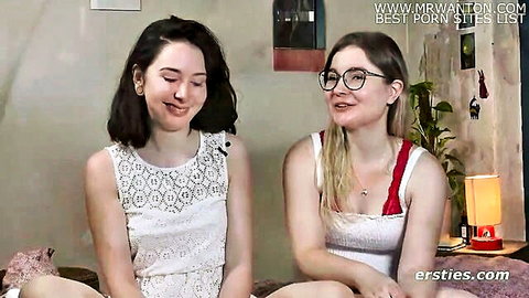 Joana and blonde friend in lace tops, smiling amateur tease preview