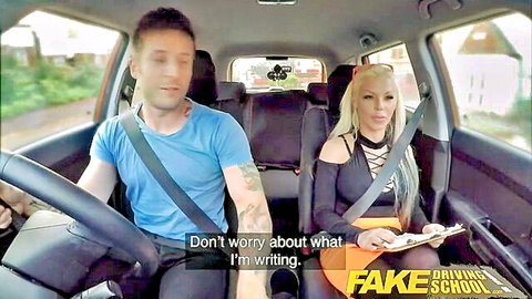 Barbie Sins blonde in black lingerie in Fake Driving School car scene