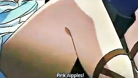Anime hentai girl exposing pink nipples and thighs in stockings, uncensored