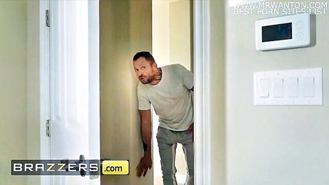 Alena Croft horny MILF scene with man peeking through door in Brazzers video