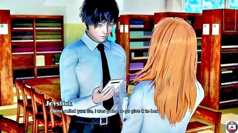 Hentai schoolgirl with long orange hair talks to male in library uniform scene