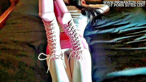 Laura in 8-inch pink platform boots and white lingerie sexy pose