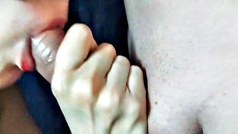 Stepmom red lips wrapped around hard cock in close-up oral