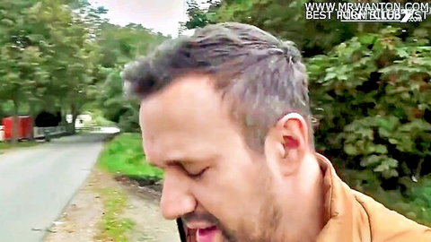 Mature man with tongue out in outdoor sex scene with chubby blonde