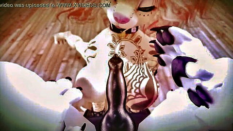 Cartoon furry girl with collar has pussy penetrated by thick brown dildo amid white paws