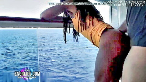 Ebony woman with dreads gets ass fucked on cruise balcony