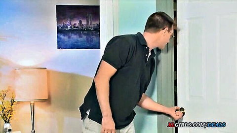 Man peeking through door in teasing threesome preview with chubby girls and giant tits