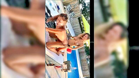 Two nude lesbians strapon fucking outdoors by the pool