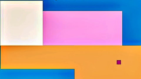 Abstract geometric composition of overlapping white pink blue orange rectangles with small red square