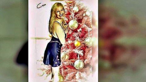 Blonde MILF housewife in sexy short polka dot dress posing by pink Christmas tree
