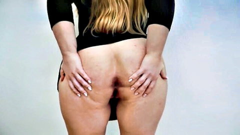 Blonde MILF standing spreading big pale ass cheeks exposing pink pussy and tight anus