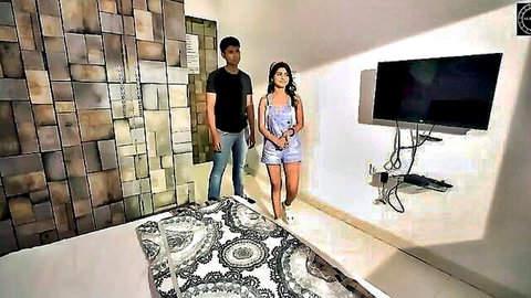 Indian couple teasing in bedroom, slim desi babe in short dress