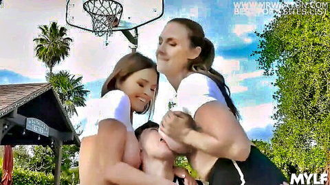 Chanel Preston and Krissy Lynn MILFs embracing stud, tits exposed outdoors