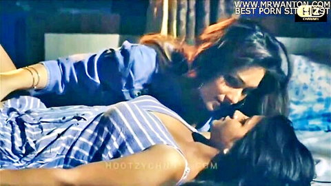 Indian lesbian kiss in hot teacher web series, passionate embrace on bed
