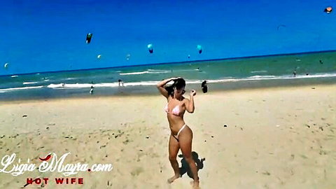Lua Mayra teasing big ass in pink bikini on Fortaleza Brazil beach