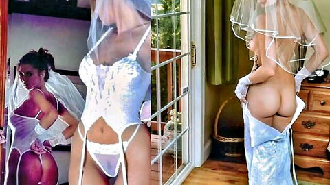 Brunette curvy bride stripping white wedding dress, revealing lace lingerie and bare ass