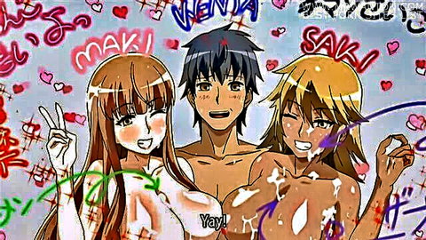 Anime hentai threesome thumbnail: nude busty orange-haired girl, blonde, and guy posing playfully