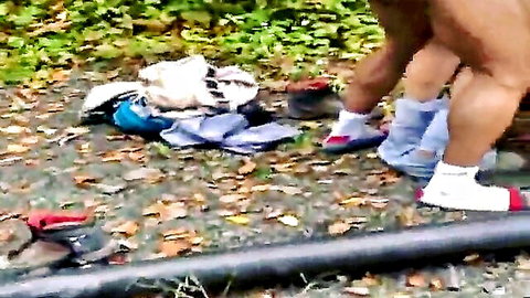 Curvy white wife bent over naked in woods, fucked by black bull outdoors