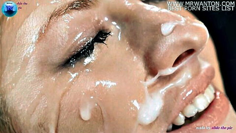Blonde smiling with thick cum facial dripping from nose lips and cheeks