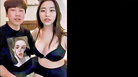 Sexy Korean girlfriend in black bra with boyfriend on bed, amateur couple