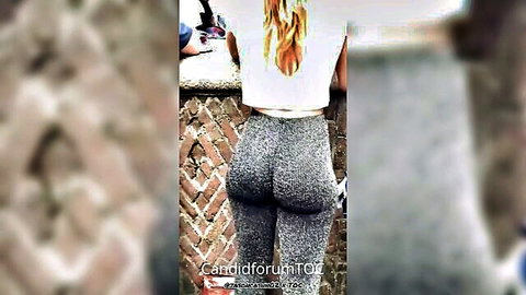 Curvy white blonde's huge ass in tight gray yoga pants candid outdoor rear view