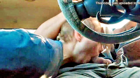 Blonde giving intense road head blowjob in car, oral sex action