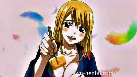 Blonde anime hentai girl smiling with chopsticks holding food near her mouth and cleavage