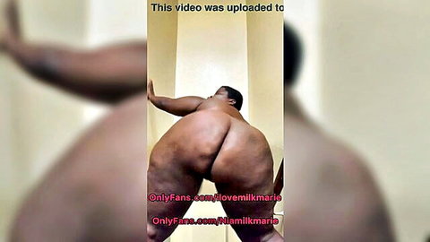 Milk Marie's thick ebony ass bent over in solo tease, huge bubble butt view