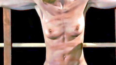 Gaby Bouttal nude frontal whipping in BDSM pain scene, toned body exposed