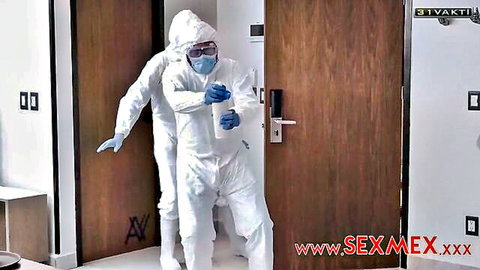 Hazmat suited couple in quarantine hotel roleplay scene