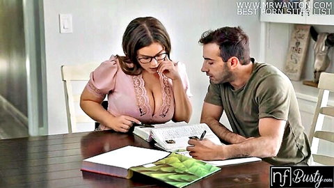 Busty brunette teacher with glasses flirts with student in cleavage-revealing blouse