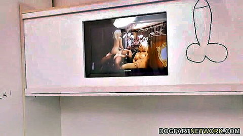 Busty blonde and brunette sucking huge BBC through gloryhole on TV screen