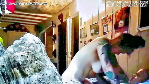 Amateur brunette rides neighbor's cock on rainy outdoor patio