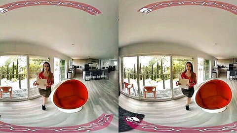 Lena Paul busty brunette in red dress poses in VR porn scene