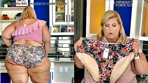 Curvy blonde BBW bending over in pink floral bikini bottoms