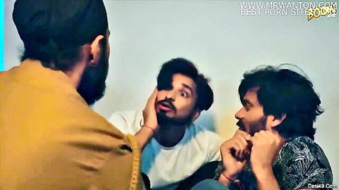 Three Indian men in casual talk, Bhabhi Ji Hazir Hai setup scene