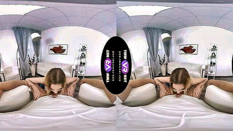 Amber in fishnet dress, teasing in VR POV on bed
