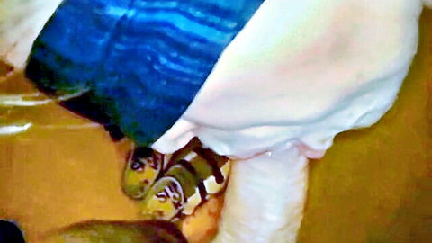 Close-up amateur blowjob with woman in white lingerie and strappy sandals