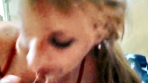 Blonde with hollow cheeks sucks cock intensely in closeup blowjob