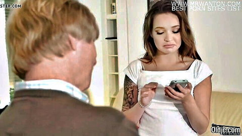 19yo brunette in white top with 70yo man, age gap tease