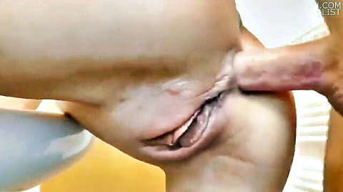 Close-up bathroom sex with penis penetrating woman's holes and creampie