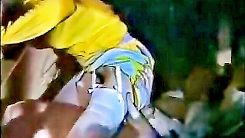 Vintage 1980s French hairy pussy close-up, yellow top blue shorts aside