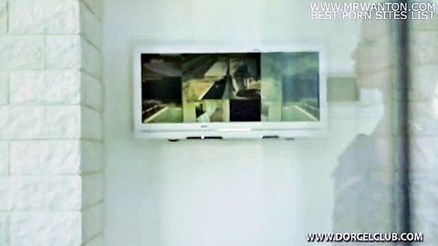 Sexy maid reflection in room with wall monitor, hot uniform tease