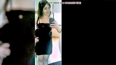 Sexy amateur babe in tight black mini dress takes mirror selfie teasing her curves