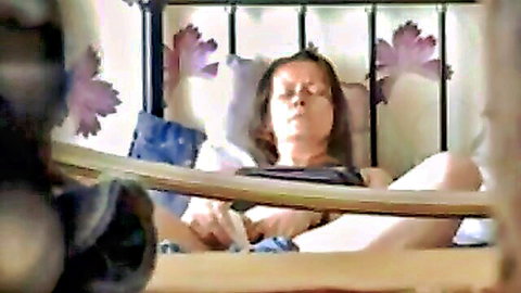 Real wife masturbating solo on bed, amateur brunette pleasure
