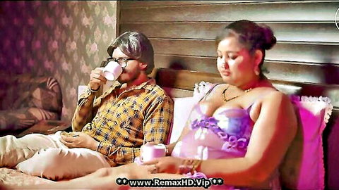 Curvy brunette in sheer purple bra teases mature man drinking tea on bed