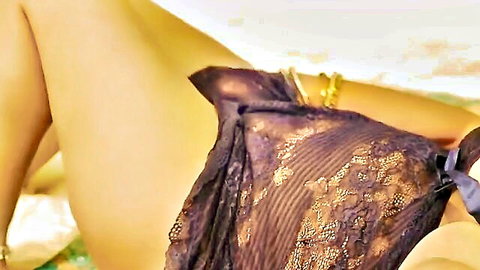 Seductive Indian aunty in purple lace lingerie, curvy pose