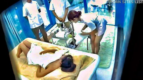 Japanese beauty in sensual massage, nurses touching her exposed ass and body