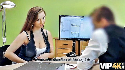 Brunette in low-cut top shows cleavage at loan office desk, desperate client VIP4K