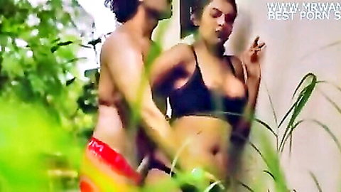 Hot Indian couple outdoor foreplay, busty babe in black top teased by hunk
